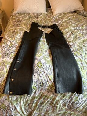 Black Leather Motorcycle Chaps - Women's Protective Overpants